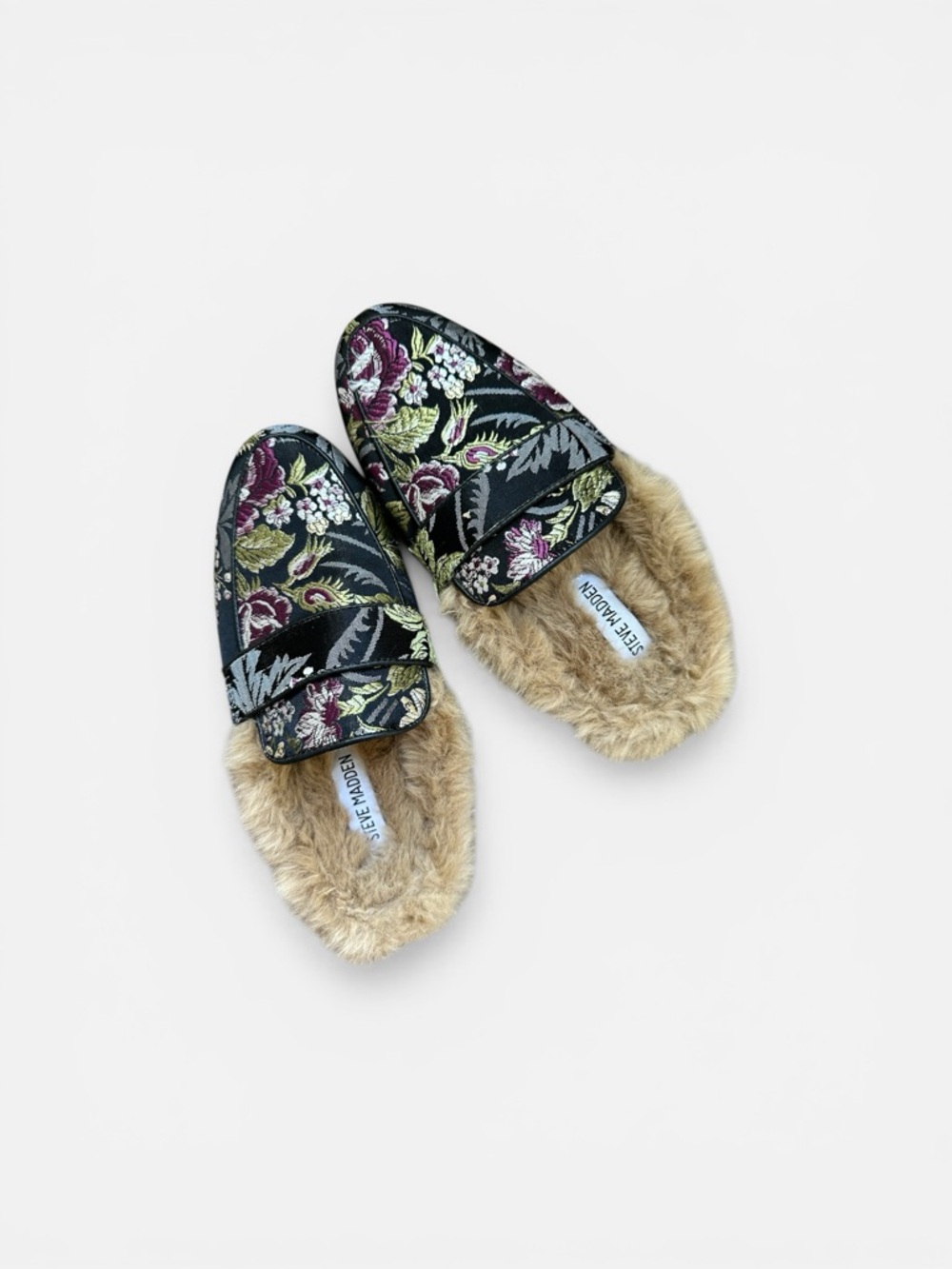 Steve Madden Floral Brocade Faux Fur Lined Mule Slippers Loafers Size 6.5
